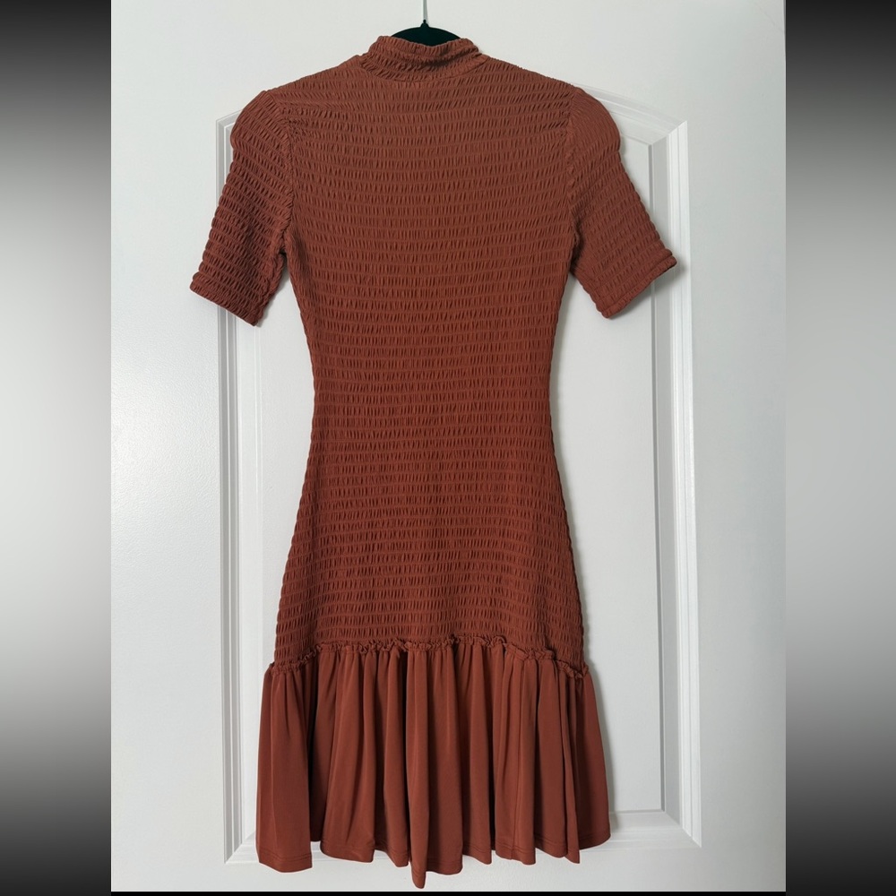 NEW w/tags: A.L.C. Aston Brown Rust Smocked Mini Dress with Ruffle Hem - Picture 4 of 5